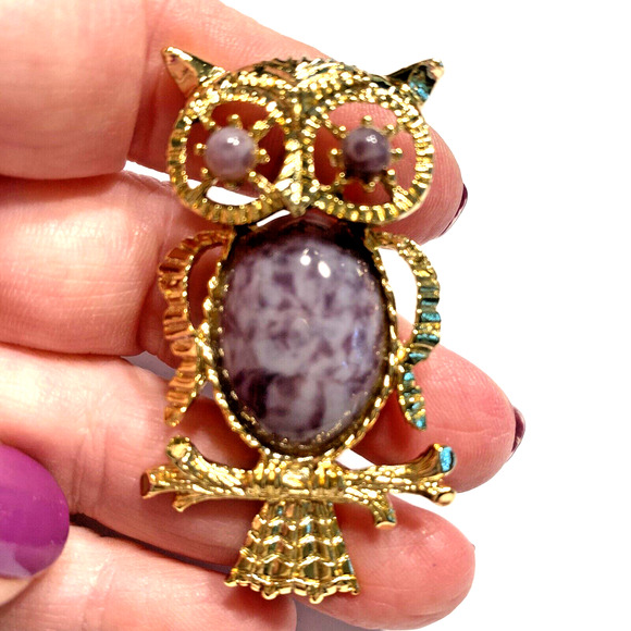 Vintage Gerrys Owl Brooch Goldtone & Purple Stone Statement Jewelry Pin Pendant - Picture 6 of 8